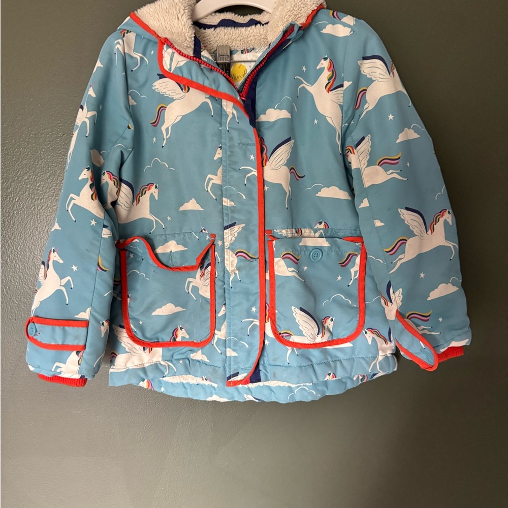 Girls' Blue Unicorn Pegasus Print Hooded Coat with Sherpa Lining